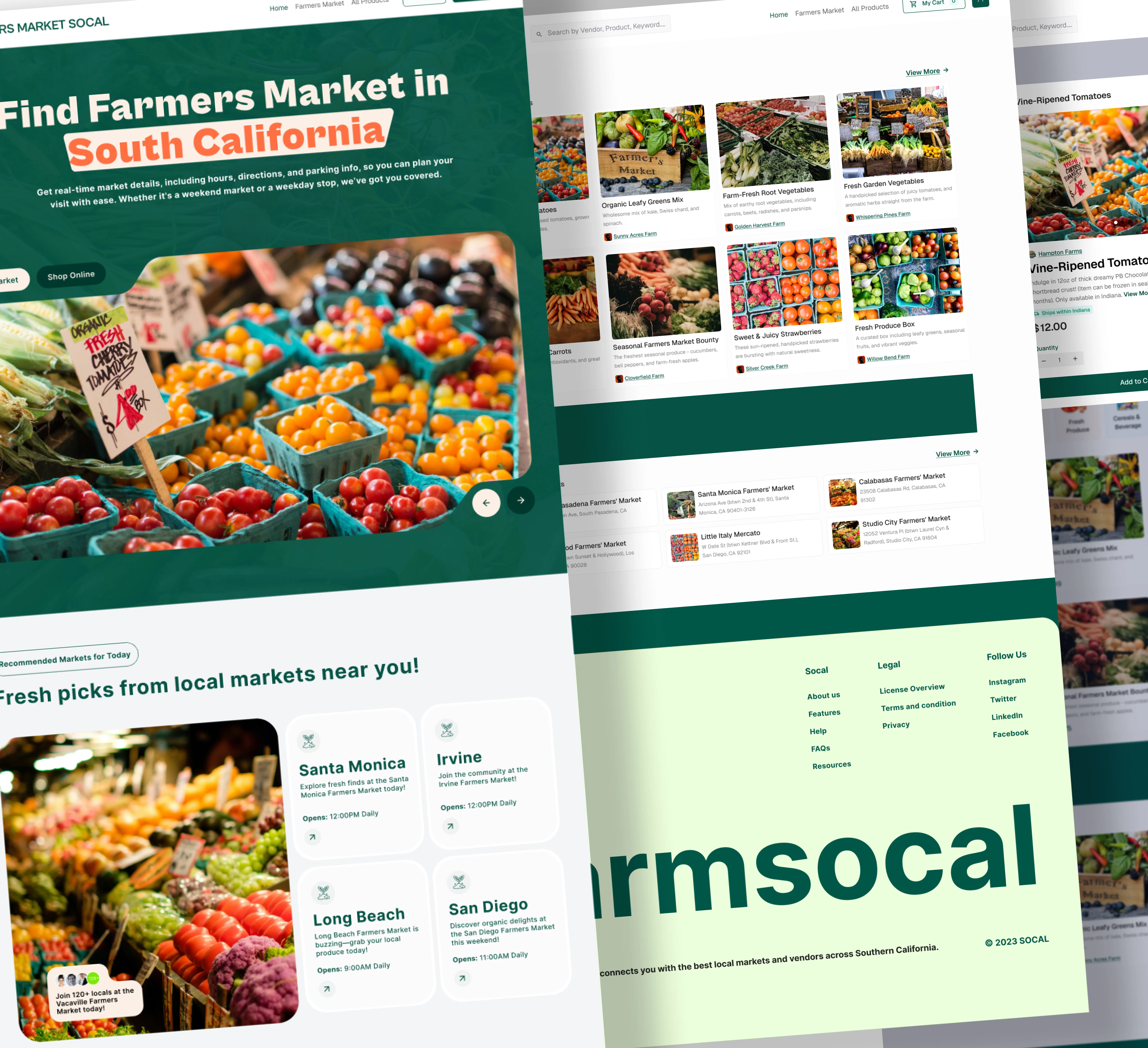 Farmers Market SoCal interface showing homepage, market finder and product details
